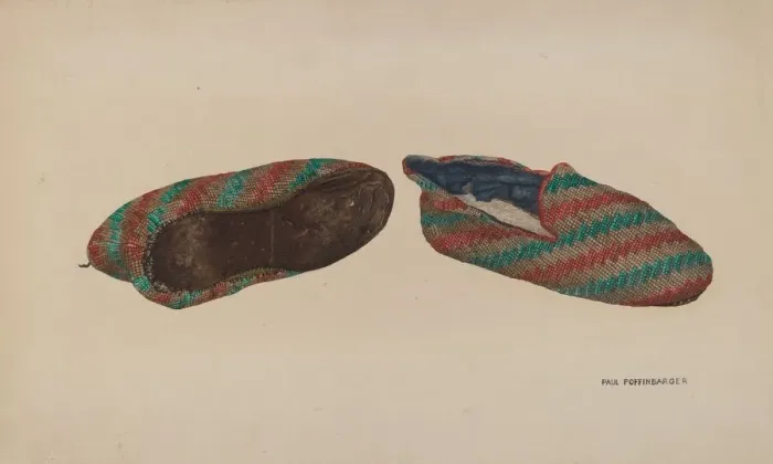 Framed Print : Mens Bedroom Slippers, 1935 / 1942. Creator: Paul Poffinbarger Framed Print : Mens Bedroom Slippers, 1935 / 1942. Creator: Paul Poffinbarger