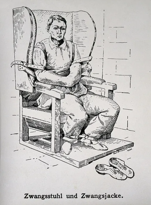 Framed Print : A mental ill patient in a straight jacket and strapped into a chair, 1908. Creator: Unknown Framed Print : A mental ill patient in a straight jacket and strapped into a chair, 1908. Creator: Unknown