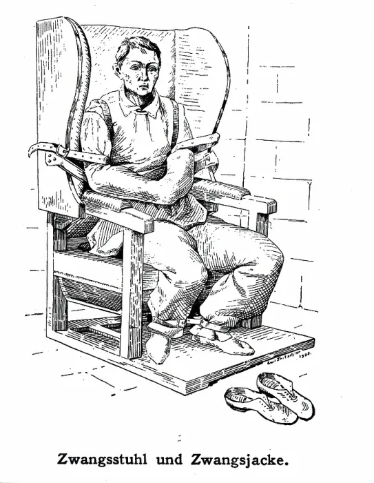 Framed Print : A mental ill patient in a straight jacket and strapped into a chair, 1908. Creator: Unknown Framed Print : A mental ill patient in a straight jacket and strapped into a chair, 1908. Creator: Unknown