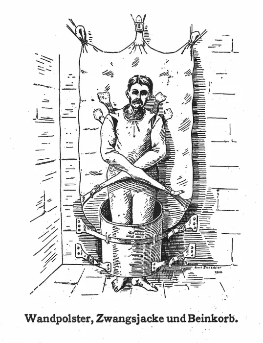 Framed Print : A mentally ill patient in a strait-jacket attached to the wall and a strange barrel... 1908. Creator: Unknown Framed Print : A mentally ill patient in a strait-jacket attached to the wall and a strange barrel... 1908. Creator: Unknown