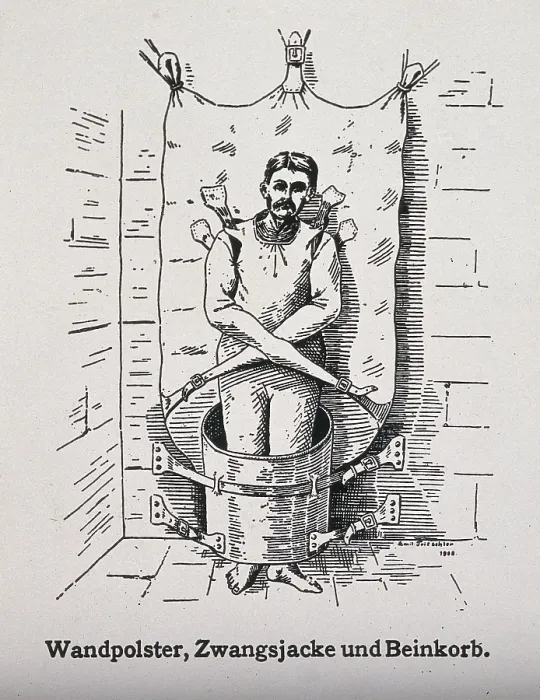 Framed Print : A mentally ill patient in a strait-jacket attached to the wall and a strange barrel shaped... 1908. Creator: Unknown Framed Print : A mentally ill patient in a strait-jacket attached to the wall and a strange barrel shaped... 1908. Creator: Unknown