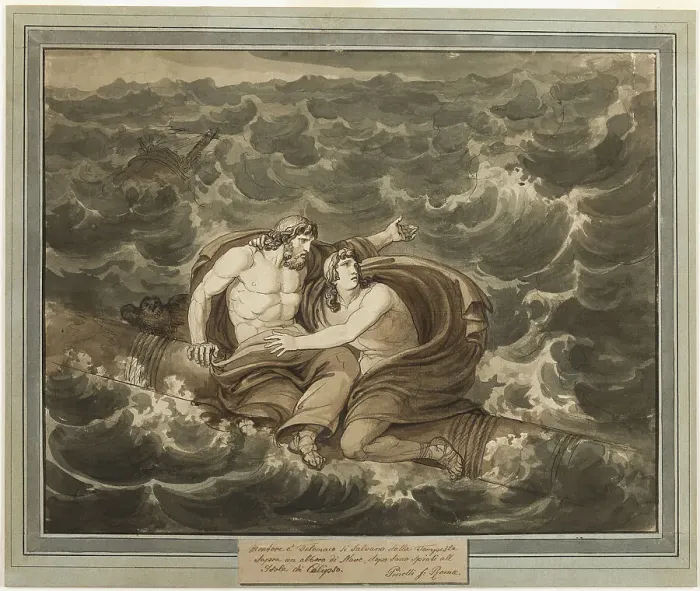 Framed Print : Mentor and Telemachus, Having Survived the Storm, Are Spirited to the Island of Calypso... 1808. Creator: Bartolomeo Pinelli Framed Print : Mentor and Telemachus, Having Survived the Storm, Are Spirited to the Island of Calypso... 1808. Creator: Bartolomeo Pinelli