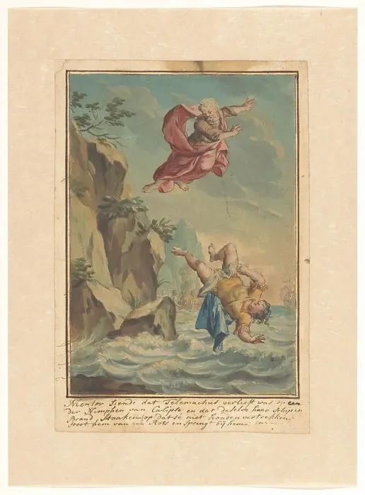 Framed Print : Mentor throws Telemachus off a cliff and jumps after him, 1719-1775. Creator: Ruik Keyert Framed Print : Mentor throws Telemachus off a cliff and jumps after him, 1719-1775. Creator: Ruik Keyert
