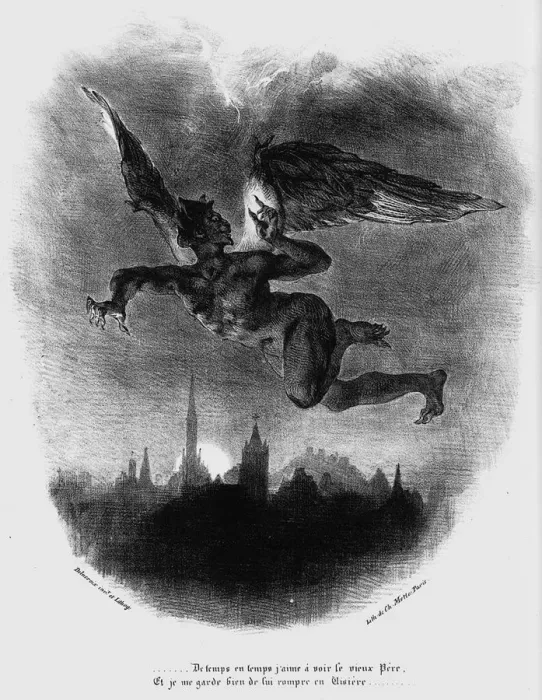 Framed Print : Mephistopheles Prologue in The Sky. Illustration to Goethes Faust, 1828. Artist: Delacroix, Eugene (1798-1863) Framed Print : Mephistopheles Prologue in The Sky. Illustration to Goethes Faust, 1828. Artist: Delacroix, Eugene (1798-1863)