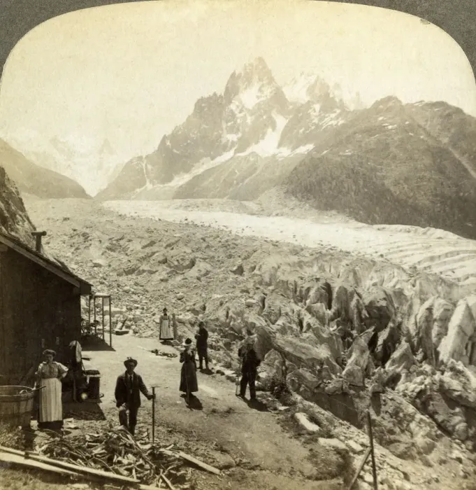 Framed Print : Mer de Glace from the Chapeau, near Chamonix, France. Artist: Underwood & Underwood Framed Print : Mer de Glace from the Chapeau, near Chamonix, France. Artist: Underwood & Underwood