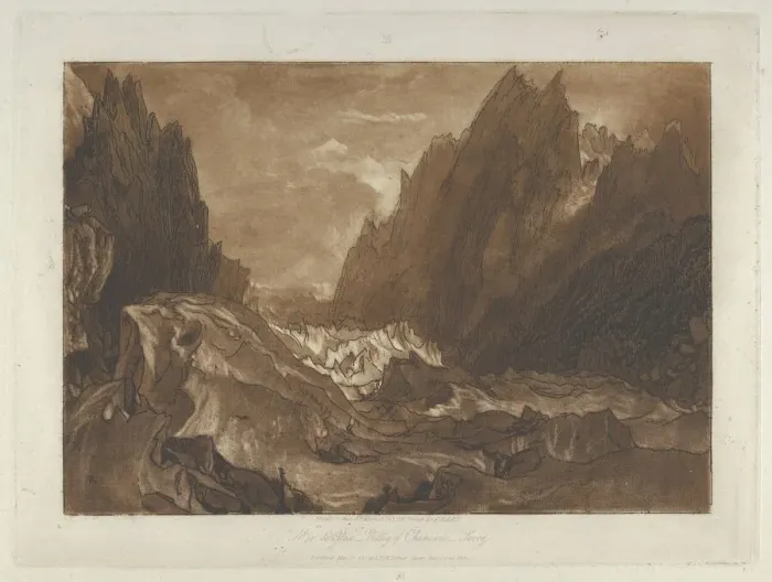 Framed Print : Mer de Glace, Valley of Chamouni-Savoy (Liber Studiorum, part X, plate 50), May 23, 1812. Creator: JMW Turner Framed Print : Mer de Glace, Valley of Chamouni-Savoy (Liber Studiorum, part X, plate 50), May 23, 1812. Creator: JMW Turner