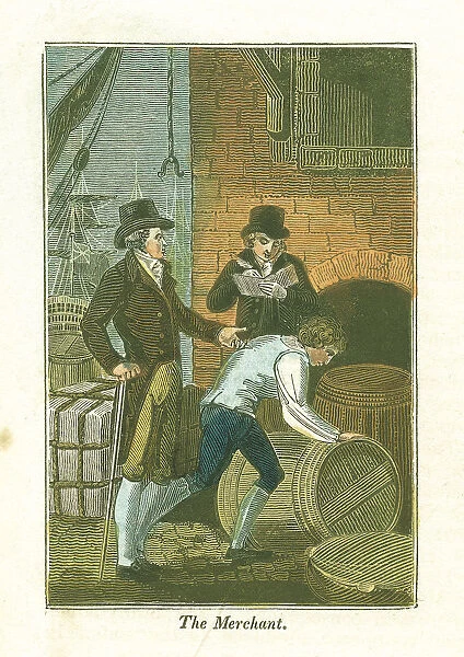 Merchant and his clerk at the dockside checking goods at a warehouse, 1823