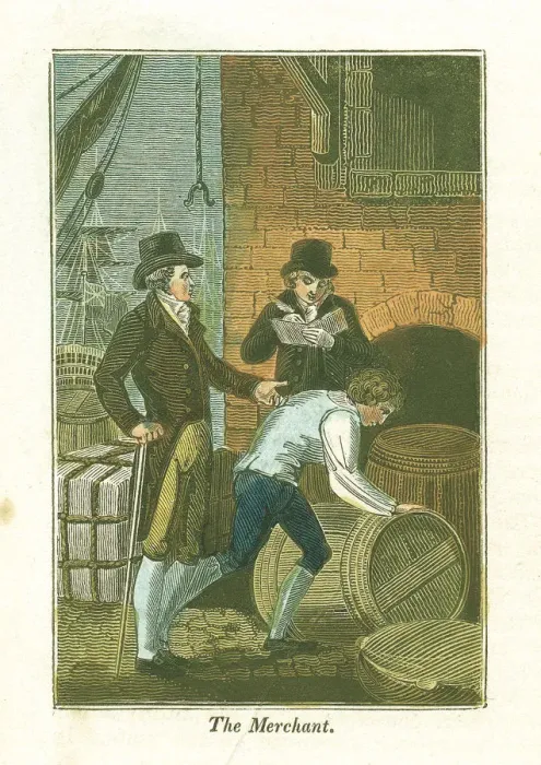 Framed Print : Merchant and his clerk at the dockside checking goods at a warehouse, 1823 Framed Print : Merchant and his clerk at the dockside checking goods at a warehouse, 1823