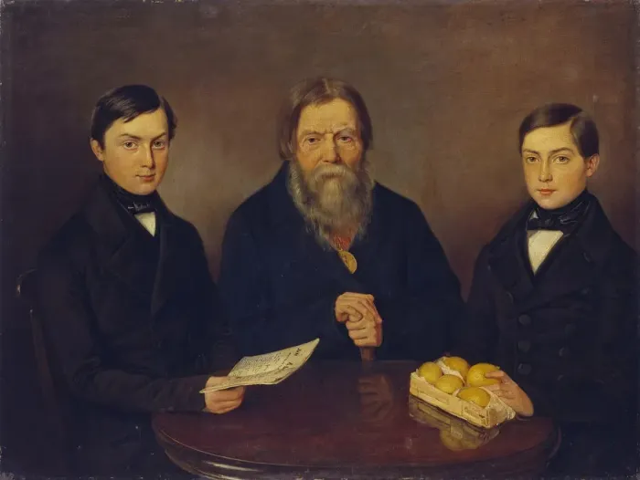 Framed Print : Merchant Smurov with sons, 1840s. Artist: Anonymous Framed Print : Merchant Smurov with sons, 1840s. Artist: Anonymous
