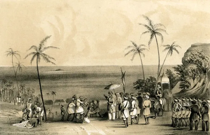 Framed Print : The merchants of Calicut seized and chained to a barren rock by order of Tippoo Saib, (1847) Framed Print : The merchants of Calicut seized and chained to a barren rock by order of Tippoo Saib, (1847)