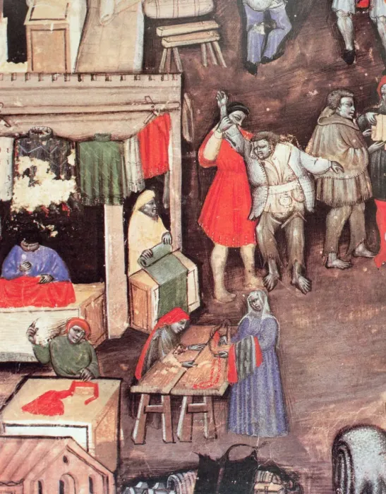 Framed Print : Merchants of fabrics and textiles in a market, Miniature in the Statuto delle Corporazione Framed Print : Merchants of fabrics and textiles in a market, Miniature in the Statuto delle Corporazione