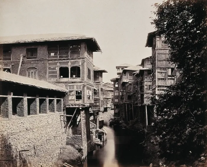 Framed Print : Merchants houses above the Marqual canal, Kashmir, India, c1860s. Creator: Samuel Bourne. Merchants houses above the Marqual canal, Kashmir, India, c1860s Framed Print : Merchants houses above the Marqual canal, Kashmir, India, c1860s. Creator: Samuel Bourne. Merchants houses above the Marqual canal, Kashmir, India, c1860s