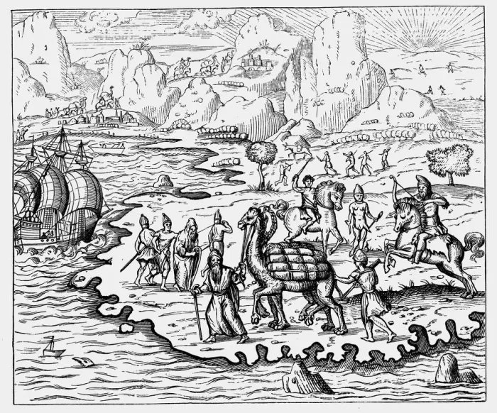 Framed Print : Merchants transporting goods to the coast and a waiting vessel by camel, 1575 Framed Print : Merchants transporting goods to the coast and a waiting vessel by camel, 1575