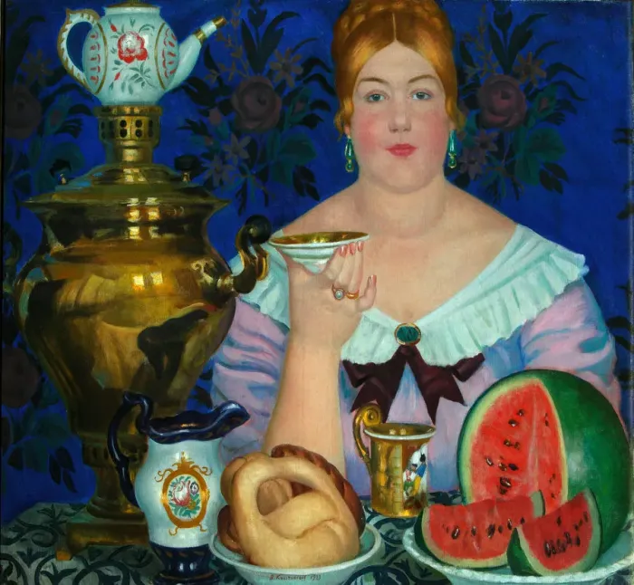 Framed Print : The Merchants Wife Drinking Tea, 1923. Artist: Kustodiev, Boris Michaylovich (1878-1927) Framed Print : The Merchants Wife Drinking Tea, 1923. Artist: Kustodiev, Boris Michaylovich (1878-1927)