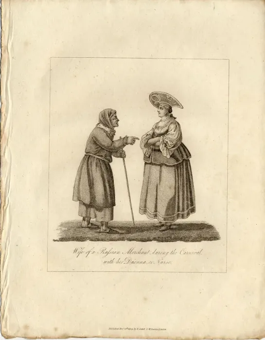 Framed Print : Merchants wife wuth Nurse during Fasching, 1833. Artist: Anonymous Framed Print : Merchants wife wuth Nurse during Fasching, 1833. Artist: Anonymous