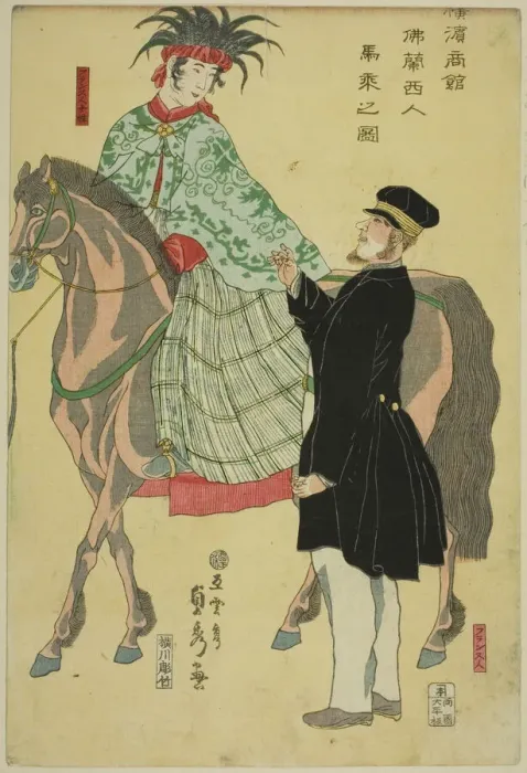 Framed Print : Merchants of Yokohama: French Woman on Horseback (Yokohama shokan) Framed Print : Merchants of Yokohama: French Woman on Horseback (Yokohama shokan)