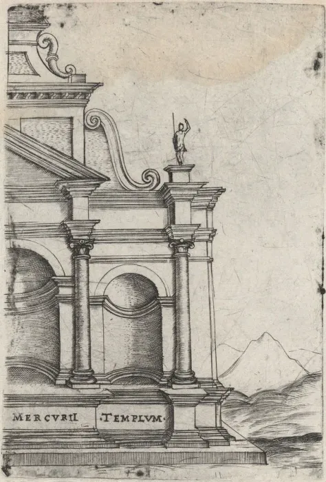Framed Print : Mercurii Templum, from a Series of 24 Depicting (Reconstructed) Buildings fro... Plate ca. 1530-50. Creator: Anon Framed Print : Mercurii Templum, from a Series of 24 Depicting (Reconstructed) Buildings fro... Plate ca. 1530-50. Creator: Anon