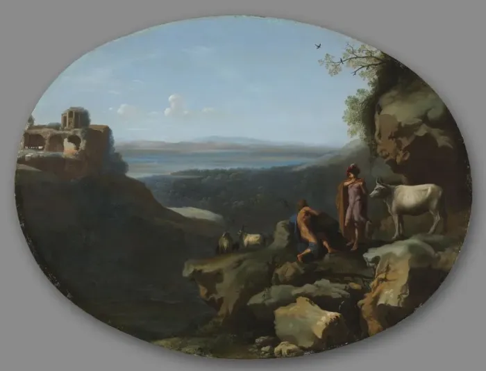 Framed Print : Mercury and Argus in a Landscape, c. 1635. Creator: Dirck van der Lisse (Dutch, 1669) Framed Print : Mercury and Argus in a Landscape, c. 1635. Creator: Dirck van der Lisse (Dutch, 1669)