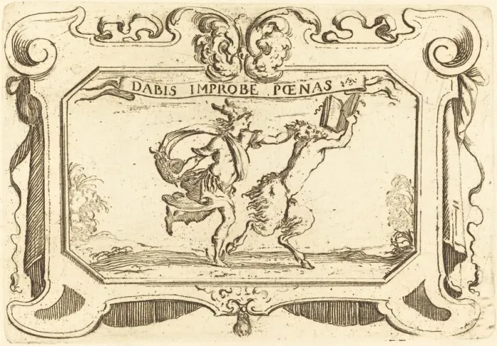 Framed Print : Mercury Chasing a Satyr Holding a Book. Creator: Stefano della Bella Framed Print : Mercury Chasing a Satyr Holding a Book. Creator: Stefano della Bella