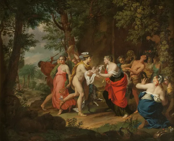 Framed Print : Mercury Confiding the Child Bacchus to the Nymphs on Nysa, 18th century. Creator: Marcus Tuscher Framed Print : Mercury Confiding the Child Bacchus to the Nymphs on Nysa, 18th century. Creator: Marcus Tuscher