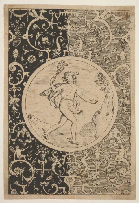 Framed Print : Mercury in a Decorative Frame with Grotesques, ca. 1600-1630. Creator: Unknown Framed Print : Mercury in a Decorative Frame with Grotesques, ca. 1600-1630. Creator: Unknown