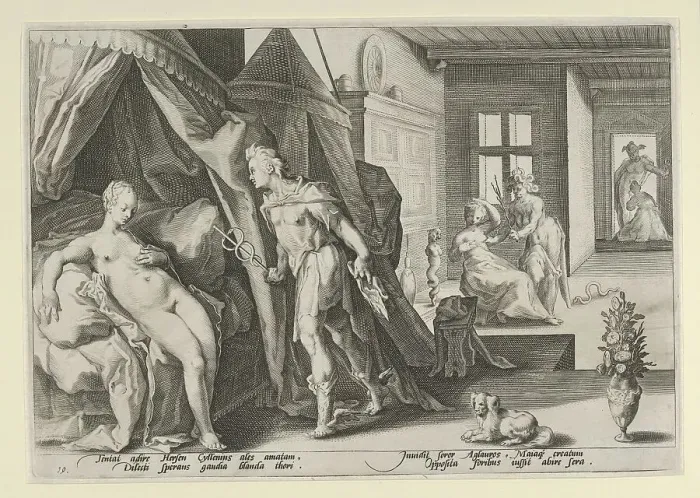 Framed Print : Mercury Entering Herse's Room After Changing Agraulos to Stone, from Ovid, Metamorphoses... 1590. Creator: Anon Framed Print : Mercury Entering Herse's Room After Changing Agraulos to Stone, from Ovid, Metamorphoses... 1590. Creator: Anon
