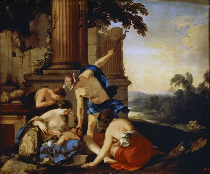 Framed Print : Mercury Giving the Child Bacchus to the Nymphs of Nysa, 1638. Artist: Laurent de la Hyre Framed Print : Mercury Giving the Child Bacchus to the Nymphs of Nysa, 1638. Artist: Laurent de la Hyre