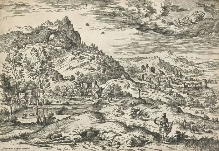 Framed Print : Mercury with the head of Argus in his hand, from Landscapes with biblical and mythological...1558. Creator: Hieronymus Cock Framed Print : Mercury with the head of Argus in his hand, from Landscapes with biblical and mythological...1558. Creator: Hieronymus Cock