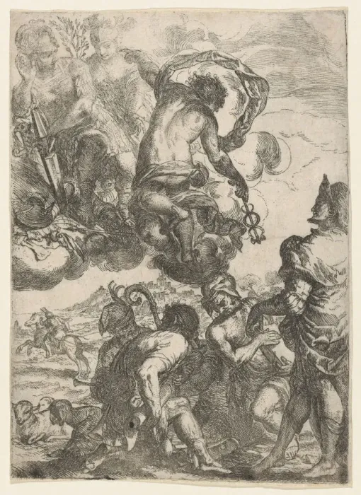Framed Print : Mercury (Hermes), Juno (?) Mars, and a group of figures below (shepherds, musicians... ca. 1640-60. Creator: Anon) Framed Print : Mercury (Hermes), Juno (?) Mars, and a group of figures below (shepherds, musicians... ca. 1640-60. Creator: Anon)