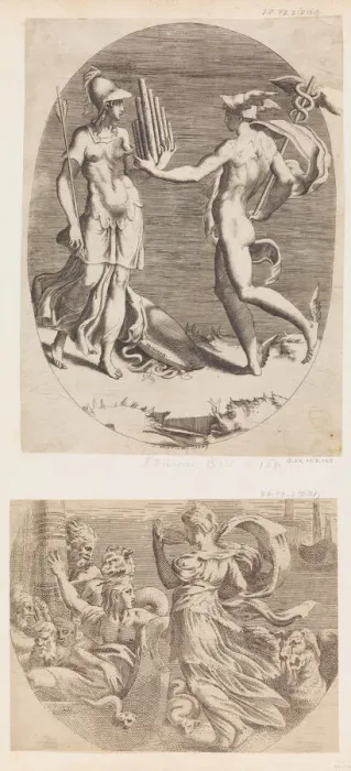 Framed Print : Mercury Presenting a Panpipe to Minerva. Creator: Giulio Bonasone Framed Print : Mercury Presenting a Panpipe to Minerva. Creator: Giulio Bonasone