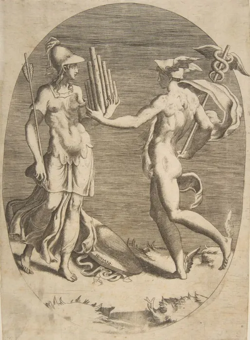Framed Print : Mercury presenting a panpipe to Minerva who stands at left, an oval composition, 1531-76 Framed Print : Mercury presenting a panpipe to Minerva who stands at left, an oval composition, 1531-76
