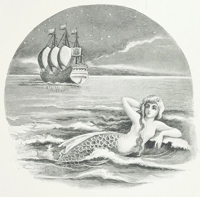 Framed Print : Mermaid and sailing ship, 1888. Creator: Laura Troubridge Framed Print : Mermaid and sailing ship, 1888. Creator: Laura Troubridge