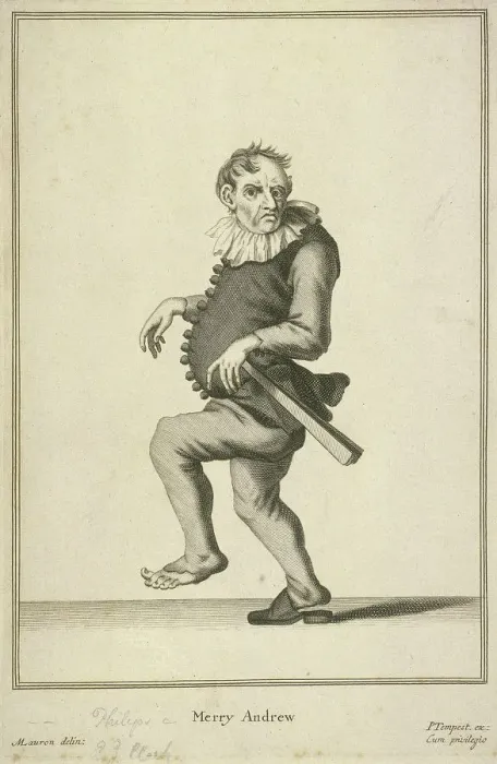 Framed Print : Merry Andrew, possibly a jester or fool, Cries of London, (c1688?) Framed Print : Merry Andrew, possibly a jester or fool, Cries of London, (c1688?)