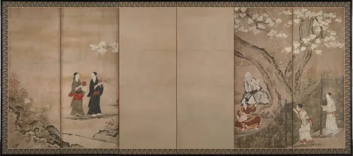 Framed Print : Merry-making under aronia blossoms. Right of a pair of six-section folding screens, 18th century. Artist: Naganobu, Kano Isenin (1775-1828) Framed Print : Merry-making under aronia blossoms. Right of a pair of six-section folding screens, 18th century. Artist: Naganobu, Kano Isenin (1775-1828)