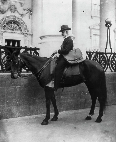 A messenger (Beckley) on horseback in front of the White House, n.d.. Creator: Unknown