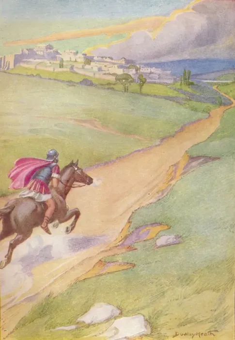 Framed Print : A messenger was seen spurring his horse toward the city, c1912 (1912). Artist: Ernest Dudley Heath Framed Print : A messenger was seen spurring his horse toward the city, c1912 (1912). Artist: Ernest Dudley Heath