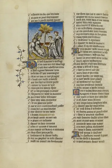 Framed Print : Two Messengers from the God of Love Delivering a Letter to Venus; Roman de la Rose, about 1405. Creator: Unknown Framed Print : Two Messengers from the God of Love Delivering a Letter to Venus; Roman de la Rose, about 1405. Creator: Unknown