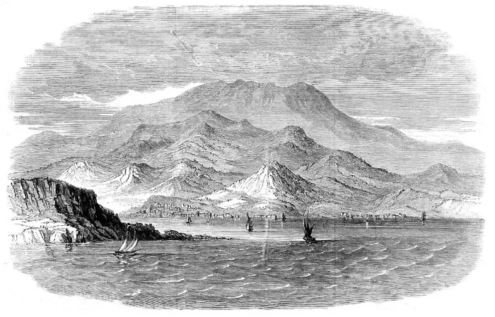 Framed Print : Messina as seen from Calabria - from a sketch by the Hon. Major Fitzmaurice, 1860. Creator: Unknown Framed Print : Messina as seen from Calabria - from a sketch by the Hon. Major Fitzmaurice, 1860. Creator: Unknown