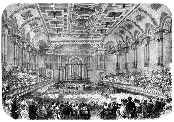 Framed Print : Messrs. Gibson and Bright at the Free-Trade Hall, Manchester, 1858. Creator: Unknown Framed Print : Messrs. Gibson and Bright at the Free-Trade Hall, Manchester, 1858. Creator: Unknown