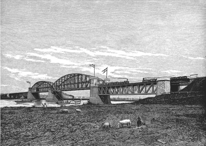 Framed Print : Metal bridge for railway over the Rhine river near Arnhem, engraving 1879 Framed Print : Metal bridge for railway over the Rhine river near Arnhem, engraving 1879