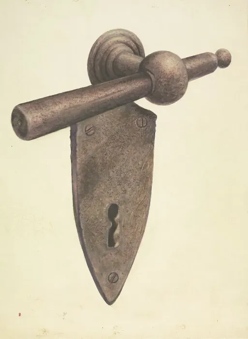 Framed Print : Metal Door Lock, c. 1937. Creator: Earl Butlin Framed Print : Metal Door Lock, c. 1937. Creator: Earl Butlin