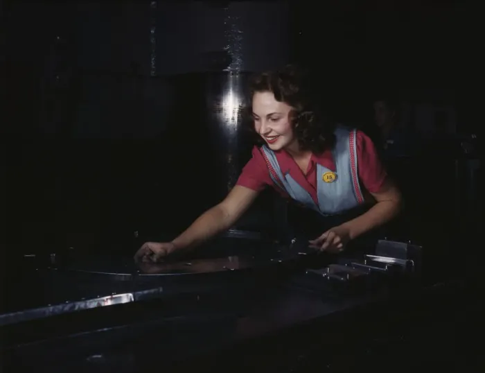 Framed Print : Metal parts are placed on masonite by... North American Aviation, Inc. Inglewood, Calif. 1942. Creator: Alfred T Palmer Framed Print : Metal parts are placed on masonite by... North American Aviation, Inc. Inglewood, Calif. 1942. Creator: Alfred T Palmer