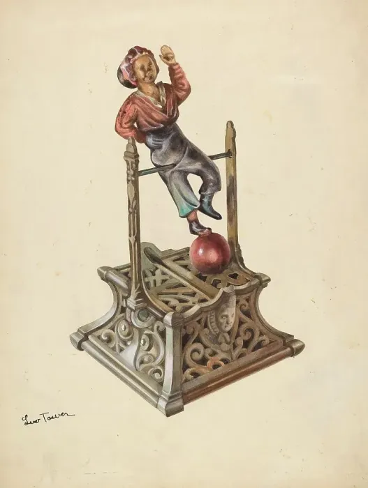 Framed Print : Metal Toy Bank: Boy on Bar, c. 1937. Creator: Lew Tower Framed Print : Metal Toy Bank: Boy on Bar, c. 1937. Creator: Lew Tower