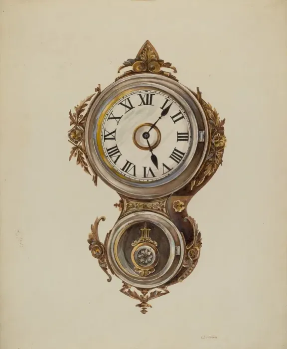Framed Print : Metal Wall Clock, c. 1938. Creator: Peter Connin