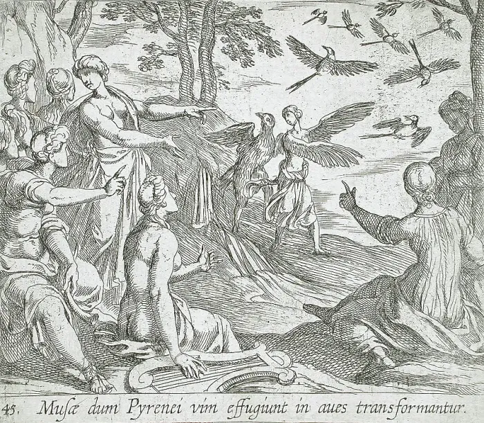Framed Print : Metamorphosis of the Pierides, published 1606. Creators: Antonio Tempesta, Wilhelm Janson Framed Print : Metamorphosis of the Pierides, published 1606. Creators: Antonio Tempesta, Wilhelm Janson