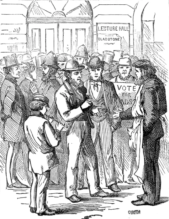 Framed Print : Metropolitan Boroughs election sketches: Too Late!, 1874. Creator: Unknown Framed Print : Metropolitan Boroughs election sketches: Too Late!, 1874. Creator: Unknown