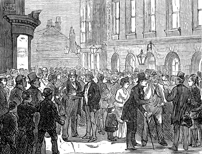 Framed Print : Metropolitan Boroughs election sketches: waiting for the declaration of the poll, 1874. Creator: Unknown Framed Print : Metropolitan Boroughs election sketches: waiting for the declaration of the poll, 1874. Creator: Unknown