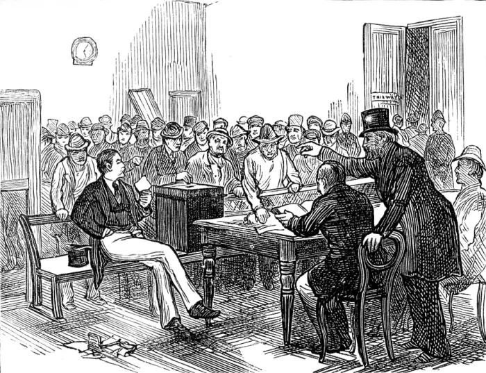 Framed Print : Metropolitan Boroughs election sketches: working men voting during the dinner hour, 1874. Creator: Unknown Framed Print : Metropolitan Boroughs election sketches: working men voting during the dinner hour, 1874. Creator: Unknown