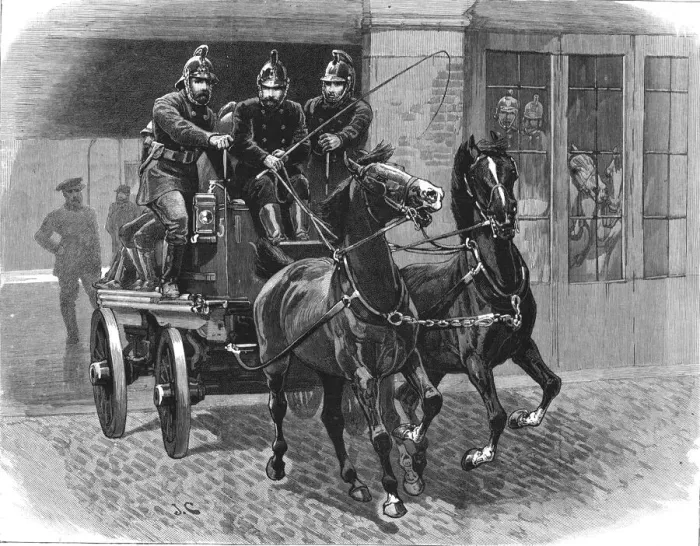 Framed Print : The Metropolitan Fire Brigade; Twenty five seconds after the Ringing of the Bell, 1888. Creator: Unknown Framed Print : The Metropolitan Fire Brigade; Twenty five seconds after the Ringing of the Bell, 1888. Creator: Unknown