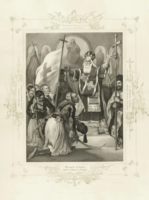 Framed Print : The Metropolitan Germanos raising the banner of freedom (From the Album of Greek Heroism), ca 1835. Artist: Hess, Peter von (1792?1871) Framed Print : The Metropolitan Germanos raising the banner of freedom (From the Album of Greek Heroism), ca 1835. Artist: Hess, Peter von (1792?1871)